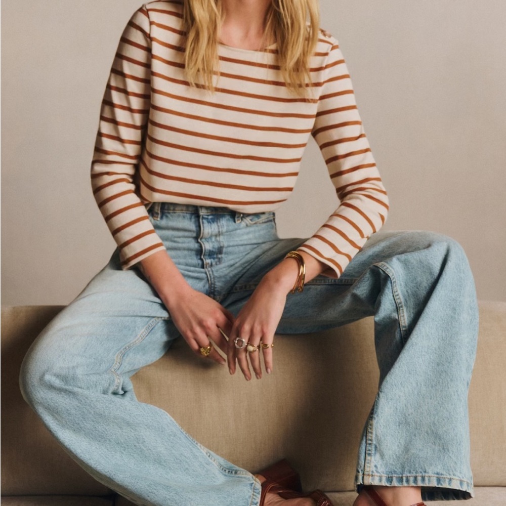 Sézane Colette Mariniere Brown and White Striped Long Sleeve